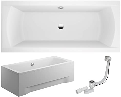 VBChome Badewanne 170x75 cm Acryl SET Schürze Siphon Wanne mit Füßen Rechteck Weiß Design Modern Ablaufgarnitur in Chrom Alcaplast