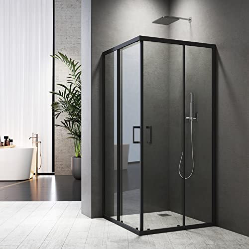 Duschkabine Schwarz 80x80x185cm Eckeinstieg Doppel Schiebetür Duschabtrennung 6mm Sicherheitsglas Eckdusche Duschschiebetür Duschwand