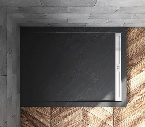 Aica Sanitär Duschtasse 110x80cm Für Walk in Dusche Duschabtrennung Duschkabine,Rechteck,schwarz mit Ablaufabdeckung,Ablaufgarnitur,Ablaufschlauch