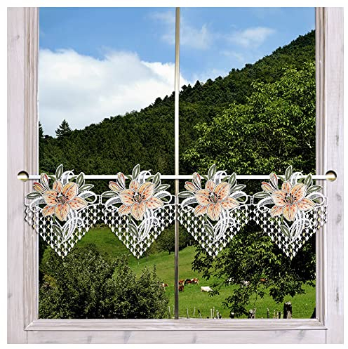 Feenhaus-Spitzengardine Leila mit Lilien in gelb Scheibengardine aus Plauener Spitze modern 23 x 72 cm