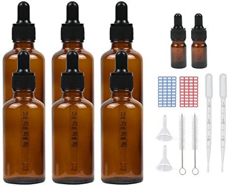 Episkey 6 x 50 ml Braunglasflaschen mit Pipetten, 2 x 5 ml leere braune Glasflaschen Flaschen für ätherische Öle, Aromatherapie