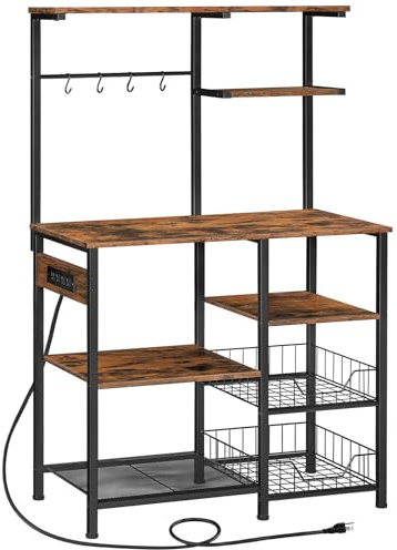 HOOBRO Large Bakers Rack with Power Outlets, 6-Tier Microwave Stand with 4 Hooks, Coffee Bar, Kitchen Shelf with Wire Basket, for Kitchen, Living Room, Office, Rustic Brown and Black BF64UHB01