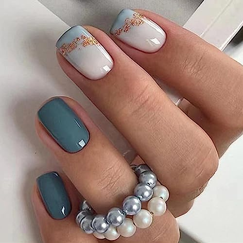 24 Stück Kunstnägel zum Aufkleben Kurze Eckig, French Blau Weiß Künstliche Nägel Press on Nails mit Nagelkleber Aufkleber, Ballerina Acryl Falsche Nägel für Frauen Mädchen Party und Heimat DIY