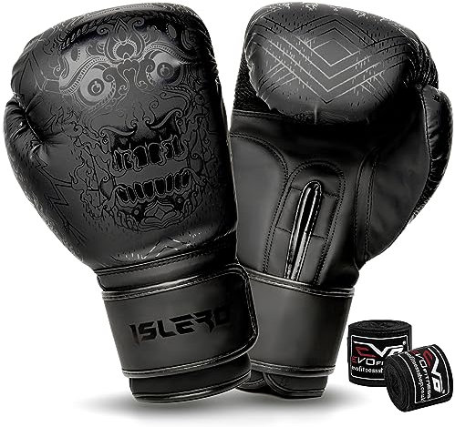 Islero Gants de boxe noirs mats pour homme et femme, sac de frappe, MMA, Muay Thai, arts martiaux, kick-boxing, sparring, gants de combat avec bandages pour les mains (noir, 340,2 g)