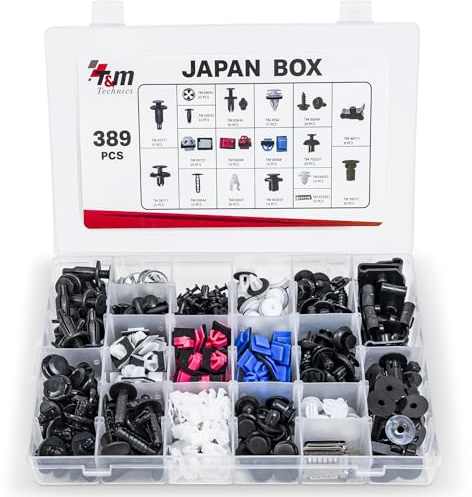 T&M TECHNICS® Kit Completo di Clip di Fissaggio in Plastica per Auto – Set di Rivetti, Graffette e Fissaggi per veicolo – Carrozzeria & Rivestimenti Auto - Japan Box - 371 rivetti
