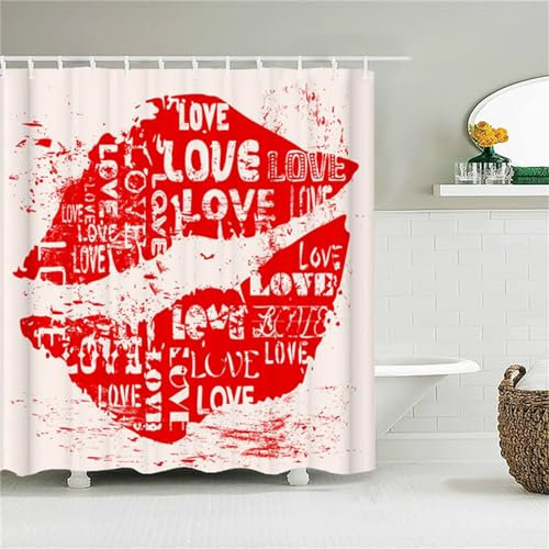 Syiboo Duschvorhang Liebe rote Lippen 120x190cm Duschvorhäng Anti Schimmel,Wasserabweisend Stoff Duschrollo Waschbar,3D Draussen Bad Vorhang Schnell Trocknend,Badewanne Badezimmer Decor Vorhänge