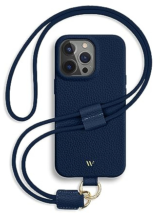 WIIUKA Hülle für iPhone 15 Pro Max, Leder aus Deutschland, Lederhülle Handykette, Premium Handyhülle, Case, Kette Band Umhängen, Blau Nachtblau