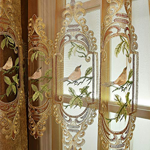 SLOW SOUL Set of 2 Panels Embroidered Birds Sheer Curtains for Living Room Bedroom Dining Room Curtains & Drapes High-end Curtain with Rod Pocket Brown Tulle 49W X 90L inch Length