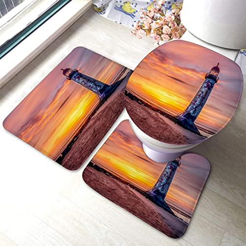 Set 3 Teilig Badvorleger Leuchtturm Fantasie Sonnenuntergang Wolken Natur Landschaft Badezimmer Set Wasserabsorbierend Badgarnitur Badematten, Für Spa, Wohnzimmer