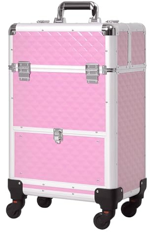 HOMCOM Maleta de Maquillaje Profesional con Cajón Maletín de Maquillaje con Ruedas para Viaje Trabajo 34x25x62 cm Rosa