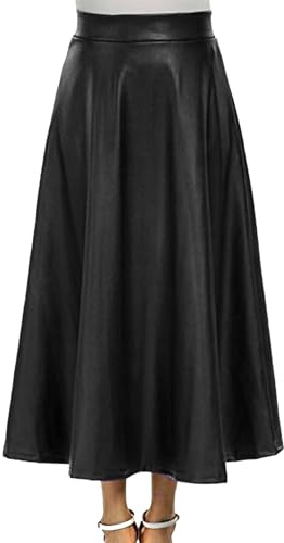 TYQQU Jupes Taille Haute Classiques pour Femmes Jupes Trapèze Plissées en Faux Cuir Jupes évasées Longues Et élégantes Noir L