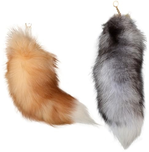 Hperu Schwanzschlüsselkette, Fuchsschwanz 2pcs 16 flauschiger Schwanzschlüsselketten pelzige Kunstpelzschwanz mit Verschluss realistischer dekorativer Therian -Schwanz für Cosplay, Silber + Gold