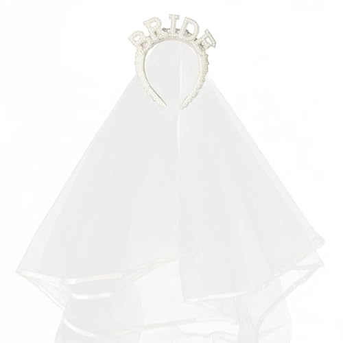 Bride Pearl Rhinestones Tiara and Veil Set for Wedding, Bridal Shower, Hen Party, Bachelorette, Engagement (White)