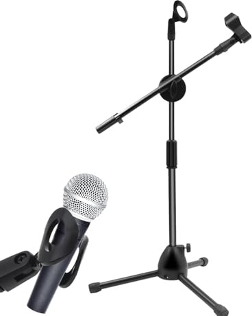 Pie de micrófono – Pies de teléfono rectos ajustables, soporte de estudio plegable | Soporte de teléfono de escritorio plegable con clip de mic, trípode de hoja de flecha para canto de rendimiento