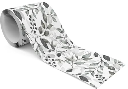 Muralo Bordüre Selbstklebend Graue Blätter, Wandbordüre - 10x300 cm | Tapetenbordüre, Modernes Design, UV-beständig, halbmatt, glatt und abriebfest - ideal für Wohnzimmer und Schlafzimmer