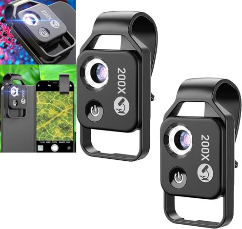 Nanozoom 200x Magnification Zoom, Nanozoom High-Tech Clip-On Lens, Nanozoom Cell Phone Lens, Phone Microscope with CPL Lens/LED Light, Turns Any Smartphone into a Pro-Microscope (2*Black)