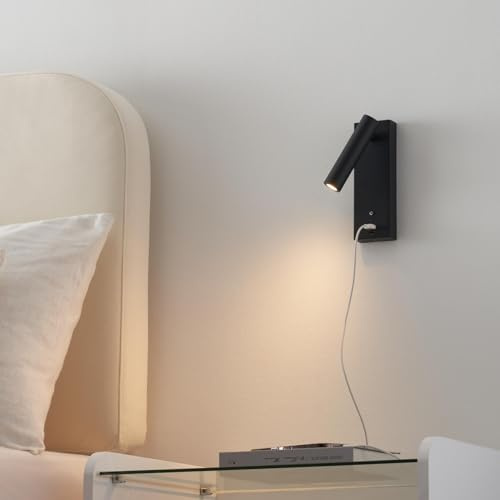 KOSILUM - Applique LED liseuse noire avec port USB dimmable - Tofino - Lumière Blanc Chaud Eclairage Salon Chambre Cuisine Couloir - - 210 lm - LED intégrée - IP20