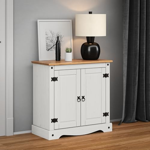 Corona Sideboard White Painted Wax 2 Door Cupboard Solid Wood Pine Wooden Small Storgae Unit Side End Lamp Dresser Shabby Chic Mexican Hallway Living Room Kitchen Dining 73cm High 75cm Wide 36cm Deep