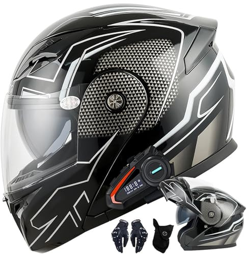 Modularer Helme Bluetooth-Motorradhelm mit Zwei Lautsprechern,MotorradIntegralhelm für Männer und Frauen, ErwachseneKlapphelm mit Doppelvisier, DOT/ECE-geprüft, M–XXL