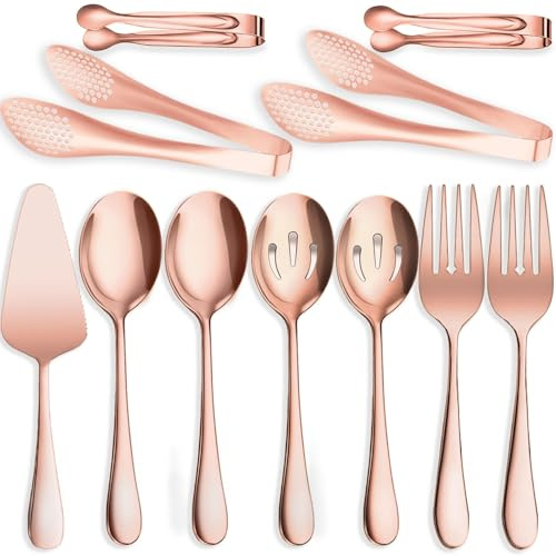 IAXSEE 11 PCS Serving Utensils, Large Stainless Steel Spoons Forks Tongs, Pie Server, Great for Hostess Buffet Catering Banquet Party, Rose Gold