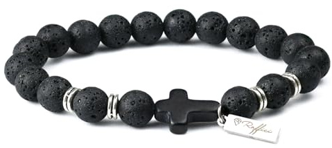 Raffici Natural Tiger Eye Lava Rock Bead Black Agate Frosted Cross Rosary Meditation Prayer Jesus Yoga Jewelry Balance Anxiety Women Men Teen Unisex Gift