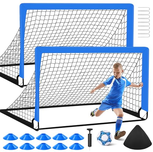 Lot de 2 buts de Football de 1,2 x 0,9 m pour Jardin, équipement d'entraînement Portable avec Ballon, 10 cônes de Football, Sac de Transport, Filet d'entraînement pour Les Jeux de