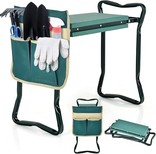 FANTASK Kniebank mit Werkzeugtasche bis 150 kg, Gartenhocker klappbar, Garten Arbeitshocker aus EVE-Polster, Knieschutz Kniehilfe für Gartenarbeit