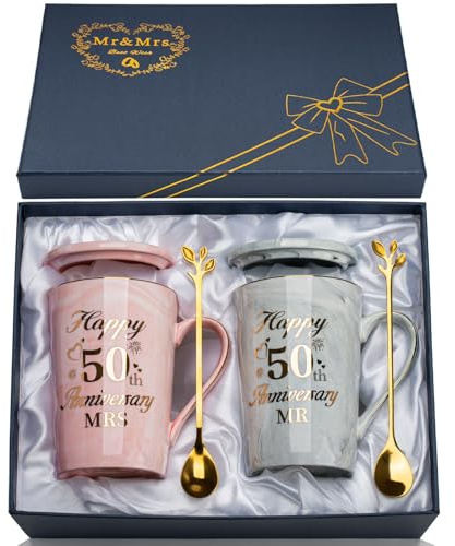 Goldene Hochzeit Geschenke zur Goldenen Hochzeit für Frauen Männer Paare, 50. Jahrestag Hochzei-t Geschenk 2PCS Mr Mrs Keramik Marmor Tassen 14Oz, Marmorierte Keramiktasse zum 50. Hochzeitstag