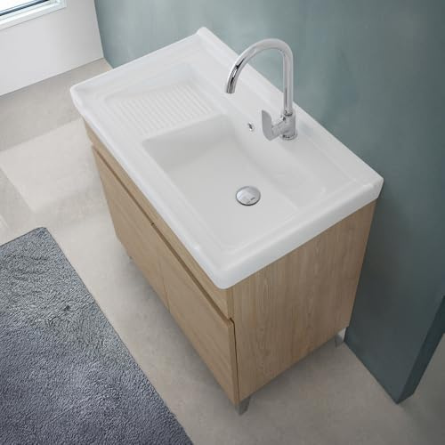 Mobile Lavatoio 79x46,8 Cm Rovere Dolomite Con Vasca In Ceramica Dotata Di Zona Strofinatoio, Struttura Già Montata In Legno Nobilitato Con 2 Ante Apribili A Gola