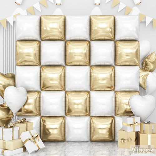 Gold White Square Foil Balloons Wall, 25PCS Double Sided Chrome Light Gold and White Balloons Tunnel Arch Kit Backdrop for New Years 2026 Birthday Wedding Engagements Bridal Shower Party Decorations | Double-Sided Chrome Square Foil Balloons, Balloon Wall, Tunnel Arch, Birthday, Graduation, Baby Shower, New Years
