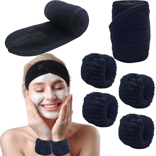 BTIYMU 6 Stück Abschmink Haarband Kosmetik Handgelenk Waschband Set, Spa Stirnband Skincare Frottee Haarbänder Damen, Make Up Haarband Klettverschluss Haarreif Schminken Beauty Headband Schwarz