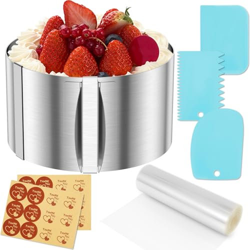 Tortenring Verstellbar 16-30 cm mit 3 Schaber Tortenring Hoch 8.5cm mit Transparenter Mousse Rand 2 Aufkleber Edelstahl Backring Verstellbar Geeignet für Herstellung von Kuchen Brot