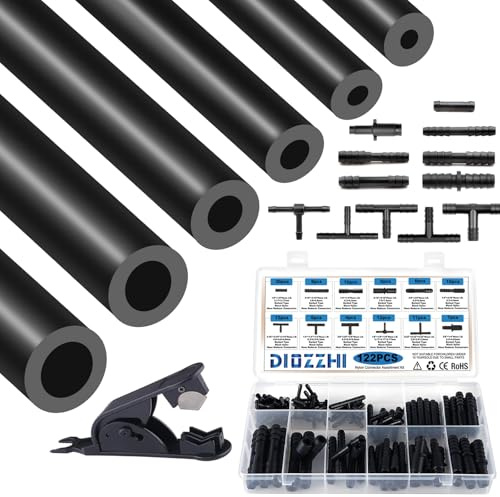 Tubo de silicona para vacío 2M 6pcs con conector de nylon 12 tamaños 122PCS, 3/4/5/6/8/10mm ID alto rendimiento 130PSI motor automotriz tubo de vacío kit de línea para aire y agua negro