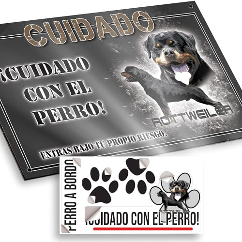 Perro Rottweiler Cuidado con el Perro Cartel 15x9,5cm - Diseño Antracita Dibond con Pegatina Coche - Cuidado Perro