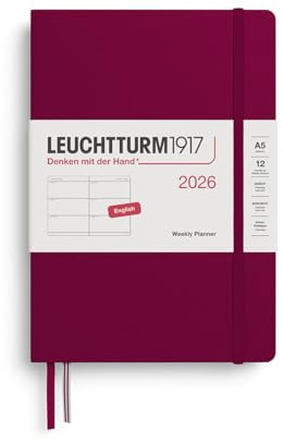 LEUCHTTURM1917 372708 Veckokalender medium (A5) 2026, port red, engelska