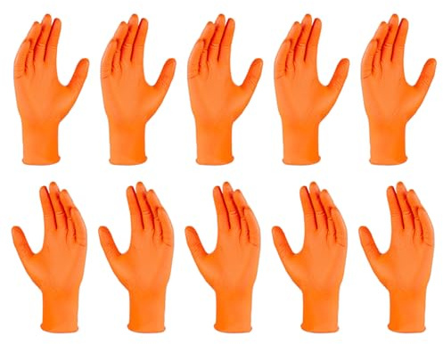 Renopfect Guantes de látex – Guantes de nitrilo resistentes de color naranja con superficie antideslizante, guantes protectores resistentes a desgarros con estructura 10 x naranja para el hogar, la