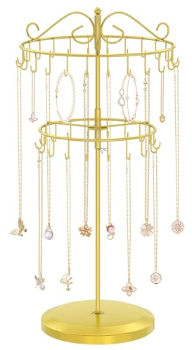 iDavosic.ly Kettenständer Schmuck, 2 Etagen, Drehbar, 42 Haken, Gold | Metall-Kettenhalter für Halsketten, Armbänder, Ringe und Sonnenbrillen, übersichtliche, platzsparende Schmuckaufbewahrung