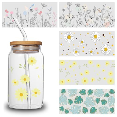 5pcs Cartoon Plant UV DTF Transfer Stickers for Glass Cups, Waterproof Decals, Plastic Self-Adhesive Labels for Bottles and Cups Decoration (Style4-5-Sheet)
