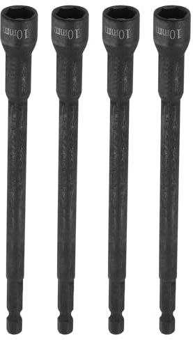 sourcing map Lot de 4 forets pour tourne-écrous 10 mm, tige hexagonale 6,35 mm, douilles magnétiques extra longues à 6 points à changement rapide en acier au chrome vanadium pour perceuses électriques