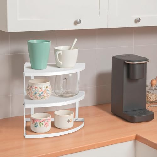 ROFAY Organizador de platos de esquina de metal de 3 niveles para encimera de cocina y gabinete, estante de esquina para platos, platos, despensa y almacenamiento de baño, color blanco