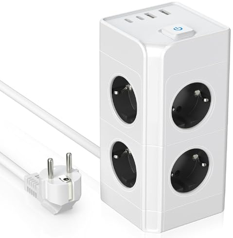SUNMATIC Ciabatta Elettrica Torre 8 Prese con 2×USB-C + 2×USB-A, Multipresa 12 in 1 con Protezione Sovratensioni, Interruttore e Cavo 2m, 3680W/16A – Bianca