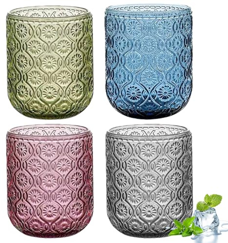 Lot De 4 Verres À Eau, 260ml Verre Coloré En Pâte, Verres Colorés Design En Floraux Relief, Verre À Eau Vintage Multicolores Pour Le Camping, Les Fêtes, Le Quotidien, Le Bureau, Les Dîners De Famille