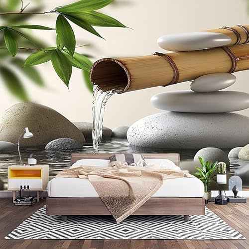 Fotomurales Decorativos Guijarros de Agua de Bambú Papel Pintado Pared 350x256 cm Viento Tranquilo Papel Pintado Tejido No Tejido Decoración de Pared, Salones, Habitaciones Moderna Fotográfico