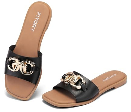 FITORY Women Flat Sandals Slip On Leather Slide Summer Size 4-9 | Ladies Dressy Casual Stylish Fashion Shoes, Open Toe with Gold Chain Accent, Comfort for Holiday, Beach, Pool
