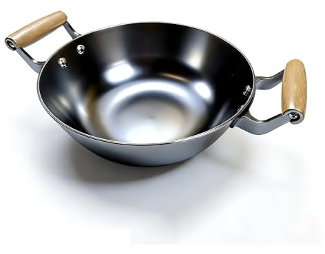 CKHNX Wok in ghisa nitrurata da 25,4 cm con coperchio in vetro temperato. Padella pre-stagionata con doppio manico, capacità 2,2 l, nero, rotondo, manici in legno