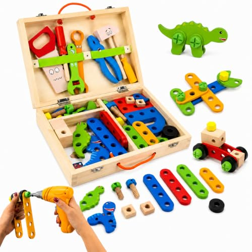 Wooden Tool Set, 48-Piece Dinosaur Building Toy with Electric Drill | Includes screws, hammer, wrench, pliers and saw, supports pretend play and fine motor skills for children aged 3+