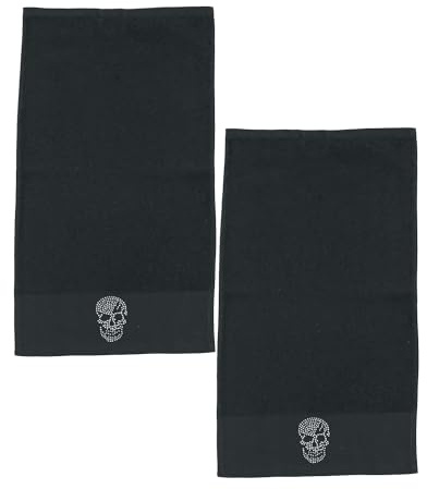 Bonvionn 2er Set Gästehandtücher mit Strassstein Applikation - Done Black Line Stone Krone Totenkopf Stern Mr Mrs - Doppelpack Modell Totenkopf Skull schwarz