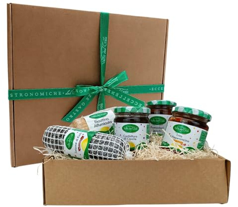 Geschenkbox mit Kalabrische Produkte, Geschenkkorb für Weihnachten und Ostern mit Ricotta-Käse, Feigensalami, Gehackte Chilischoten, Zwiebelmarmelade, Getrocknete Tomaten (Italien Box 5 Produkte)