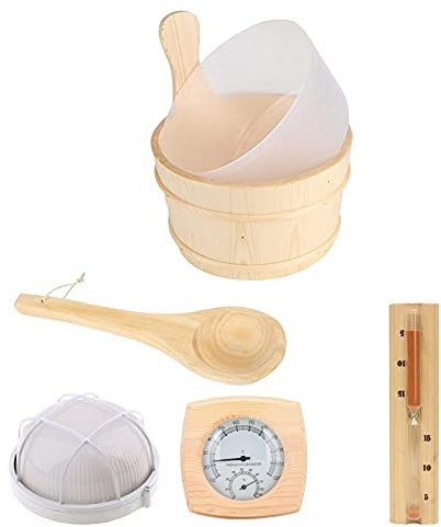 jatour Sauna Seau, Accessoires pour Sauna, Sauna Kit, Sauna en Kit, avec Seau en Bois, Cuillère en Bois, Sablier, Thermomètre Et Hygromètre, Lampe Antidéflagrante, Sauna Complet Pratique