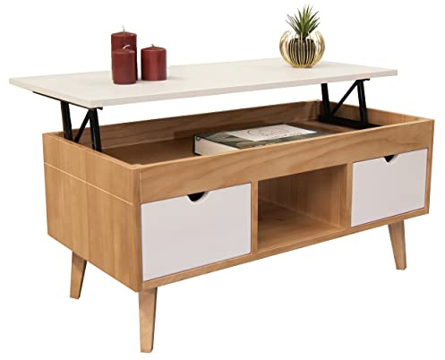 LoMasCasa - Mesa de Centro Elevable Modelo Karla 10 con 2 Cajones Deslizantes, Hueco Central, Madera Maciza de Pino Natural en Color Madera Natural y Blanco. Patas Cónicas. Medidas 100 x 50 x 47 cm